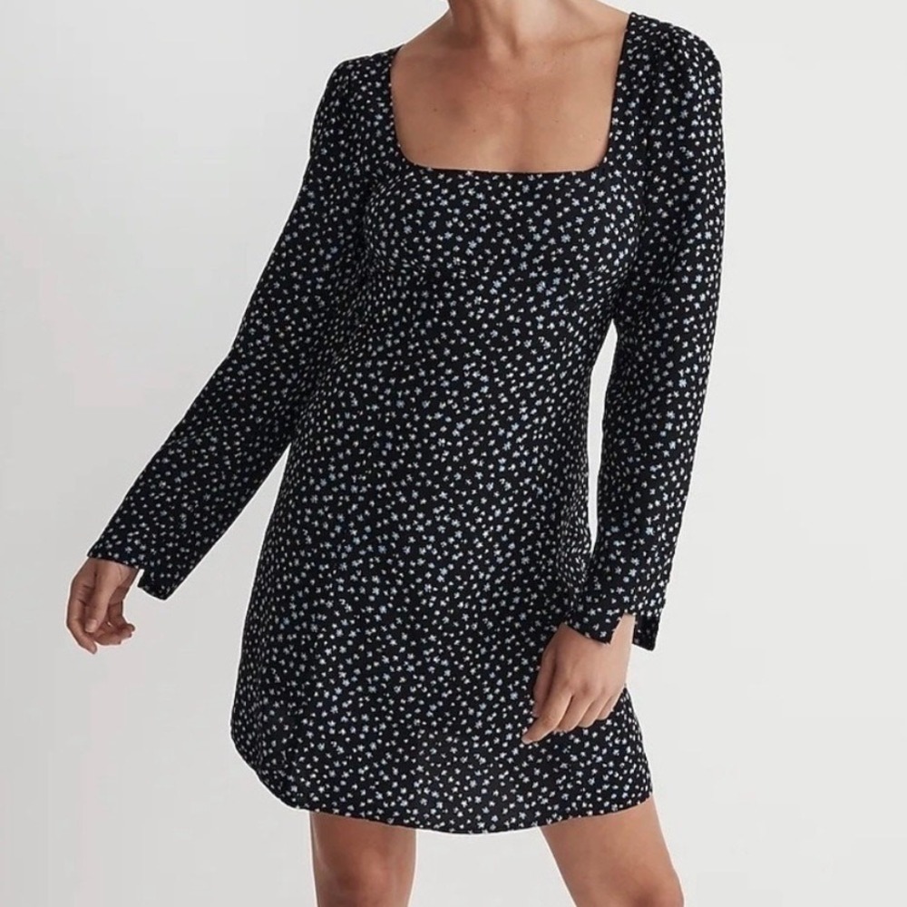 madewell‎ nm453 black seamed long-sleeve mini dress ditsy floral, women size 00
